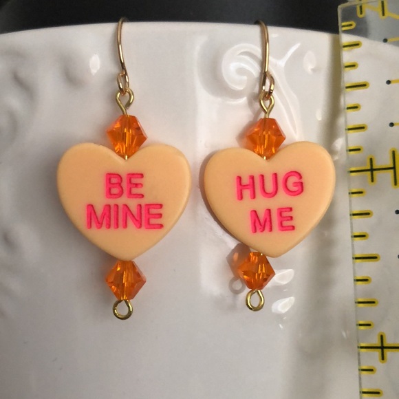 New Valentines Day Conversation Heart With Glass Crystal Hand Crafted Earrings - Picture 3 of 3